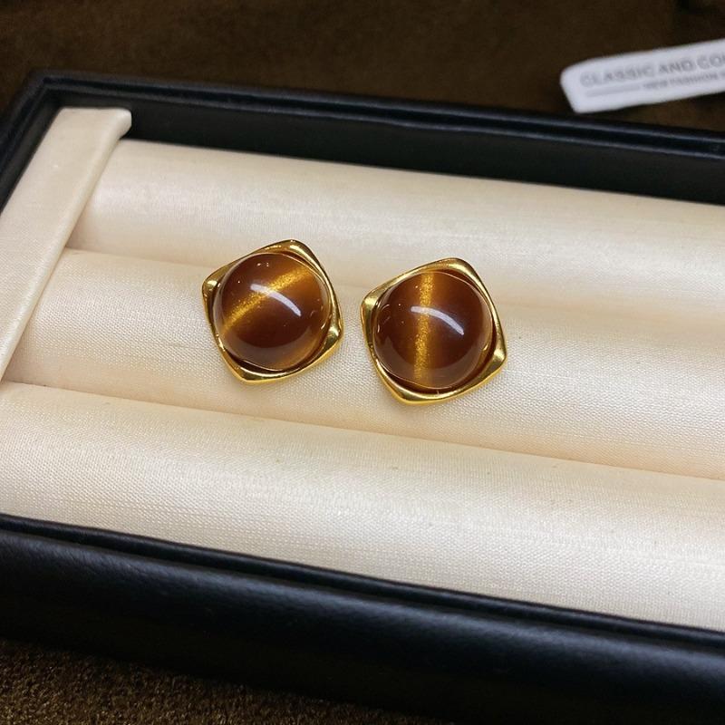 Silver Needle Explosive Tiger's Eye Stone Pendant Earrings Maillard Retro Temperament Versatile Earrings Light Luxury Premium Earrings Women
