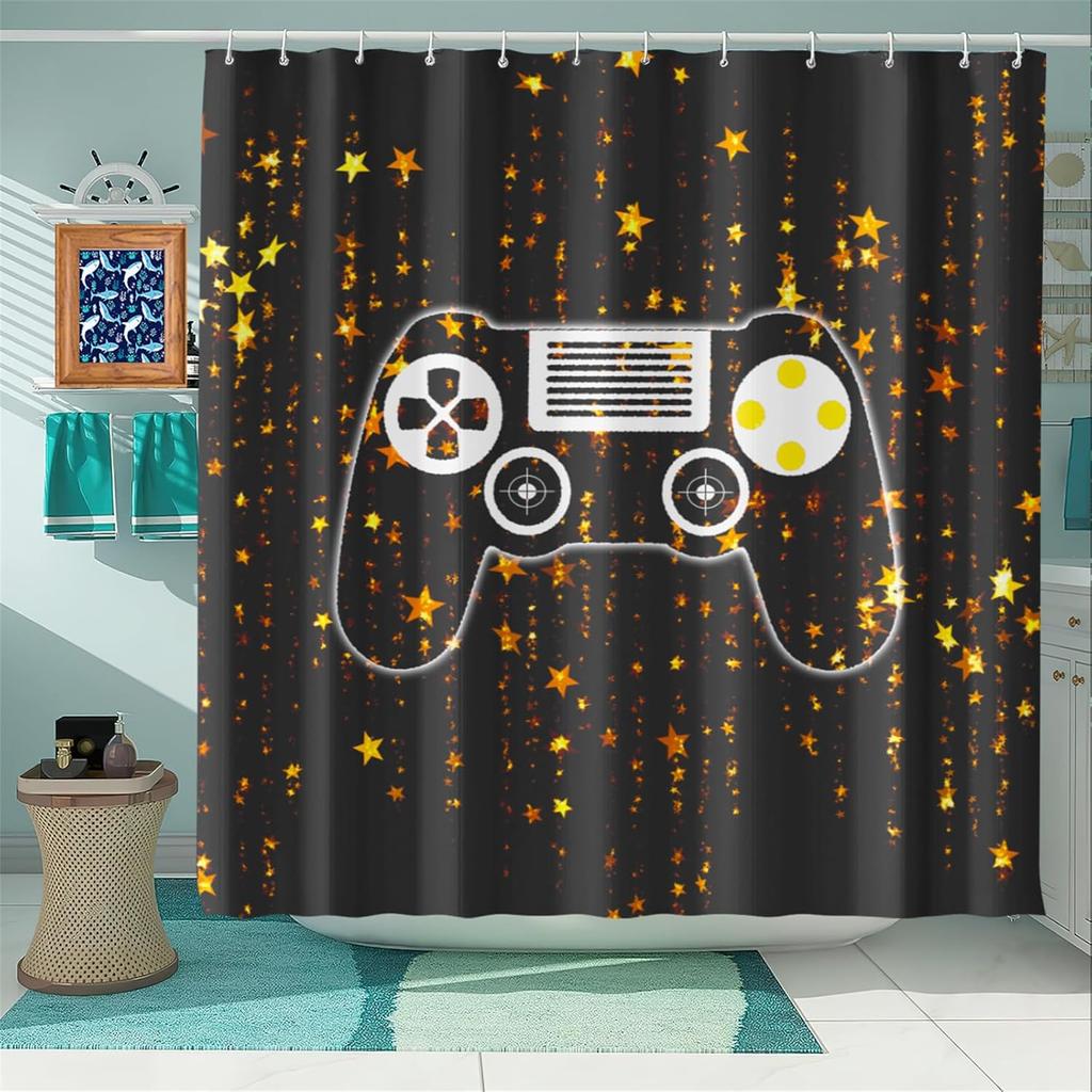 Boy Room Video Gamepad Printed Shower Curtain, Toilet Bathroom Bathtub Decorative Shower Curtain With 12 Hooks