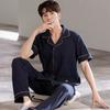 Summer Men's Short Sleeve Pajamas Set & Long Pants Male Loungewear Plus Size Cardigan Cotton Middle-aged Dad Pijamas Hombre