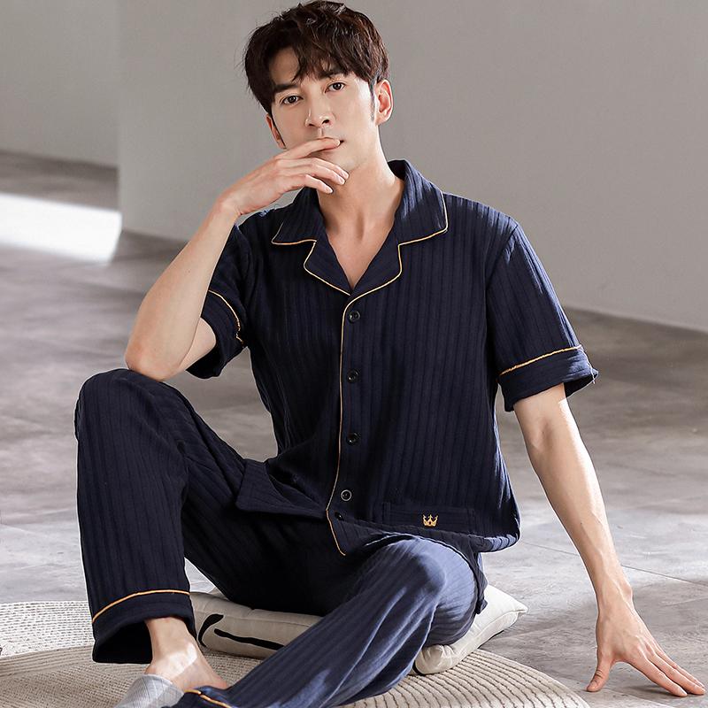 Summer Men's Short Sleeve Pajamas Set & Long Pants Male Loungewear Plus Size Cardigan Cotton Middle-aged Dad Pijamas Hombre