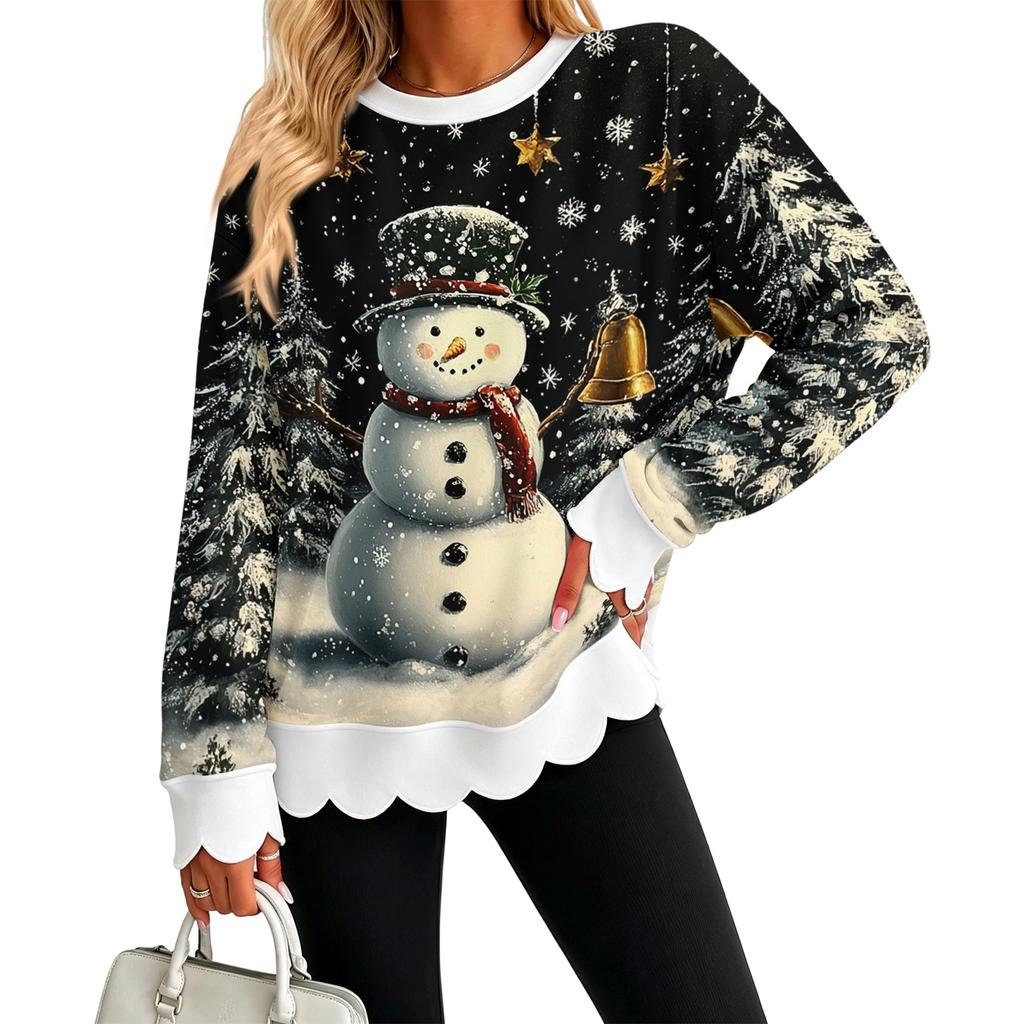 Women's Loose Fit Crewneck Sweatshirt with Scalloped Wavy Hem and Christmas Print, Long Sleeve Pullover Top