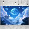 2D Mystical East Asian Background Cloth, Magical Blue Moon Over Ancient Pavilion Wall Decor
