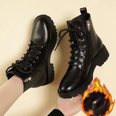 Antislip Zachte Leren Dames Martin Boots, Warm voor Herfst en Winter, Dikke Hak, Britse Stijl, Veelzijdige Laarzen.