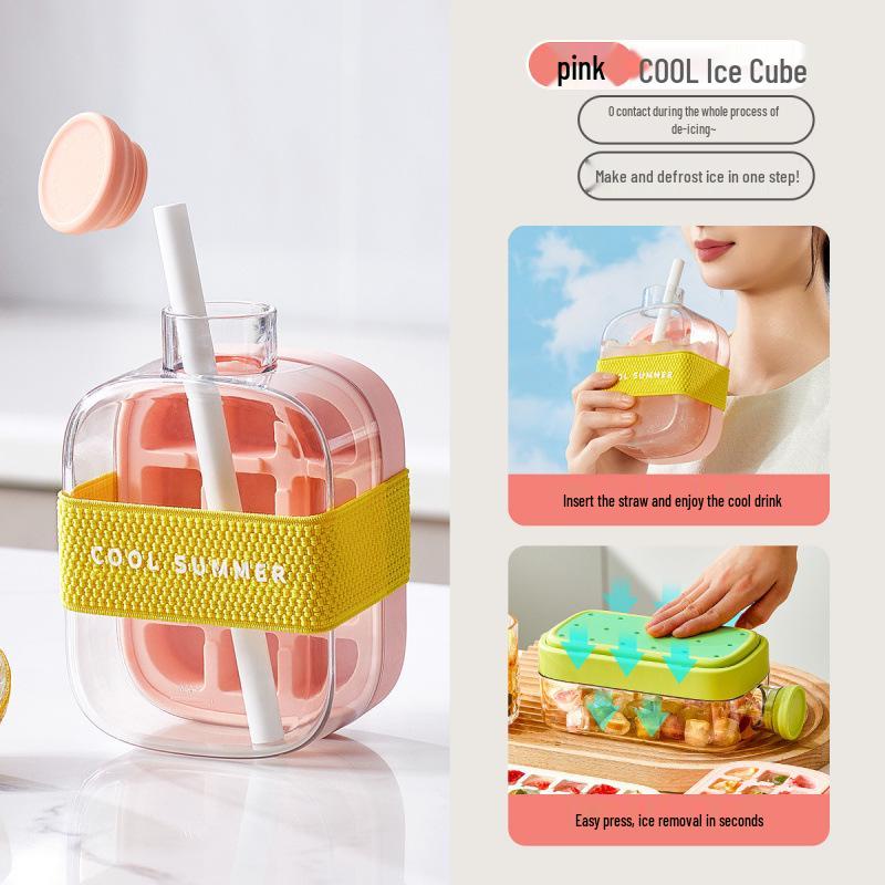 Ice Cube Tray & Storage Box with Kettle and Straw for Refrigerator