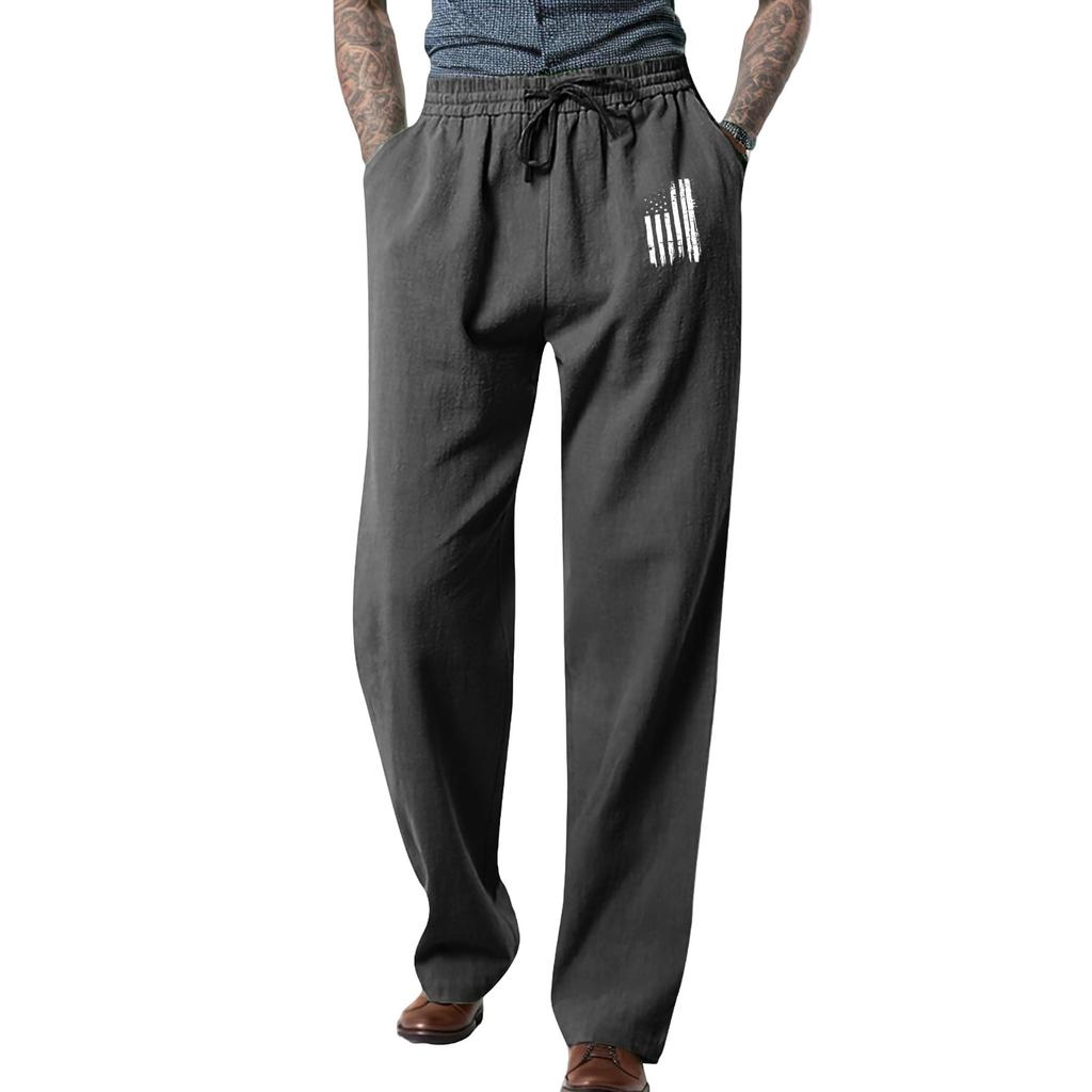 Men's Loose Casual Cotton Linen Trousers Elastic Tie Printed Straight Pants