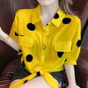 Small Fresh Polka Dot Shirt for Women Summer Korean Version Loose Short Sleeved Top with Lace Up Chiffon Shirt for Women
