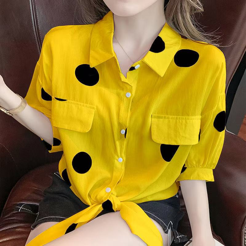 Small Fresh Polka Dot Shirt for Women Summer Korean Version Loose Short Sleeved Top with Lace Up Chiffon Shirt for Women