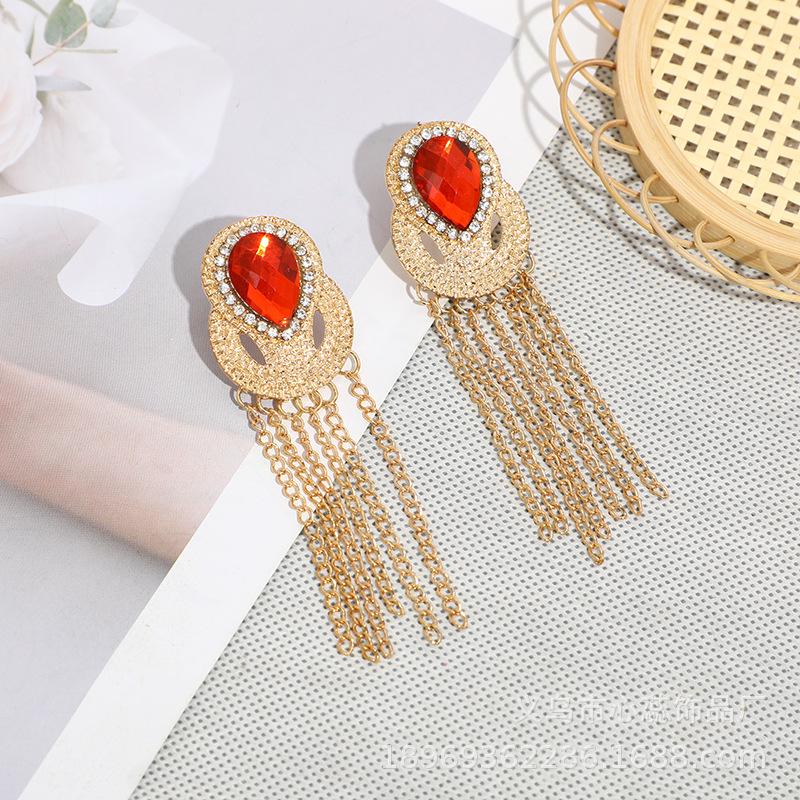 European Retro Long Tassel Rhinestone Drop Earrings, Bohemian Ethnic Style
