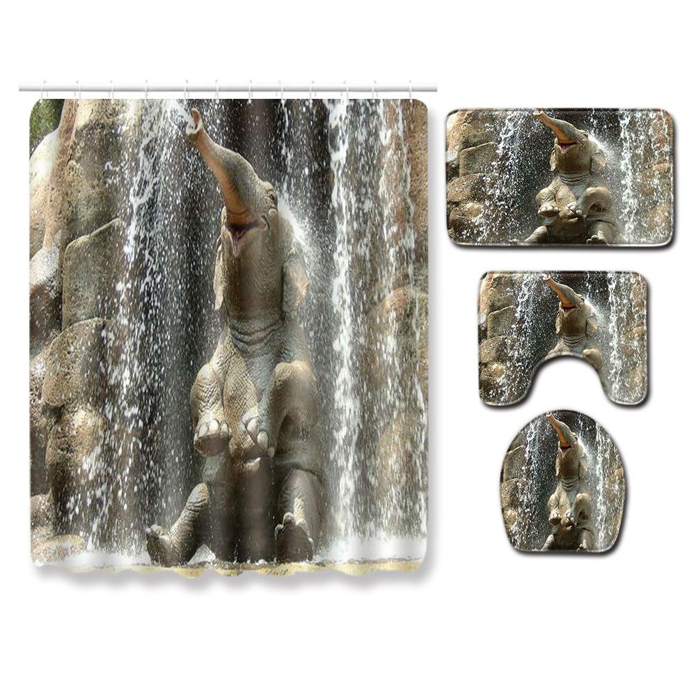 Elephant Lion Animal Shower Curtain Floor Mat Combination Set Toilet Carpet Shower Room Mat Foot Mat