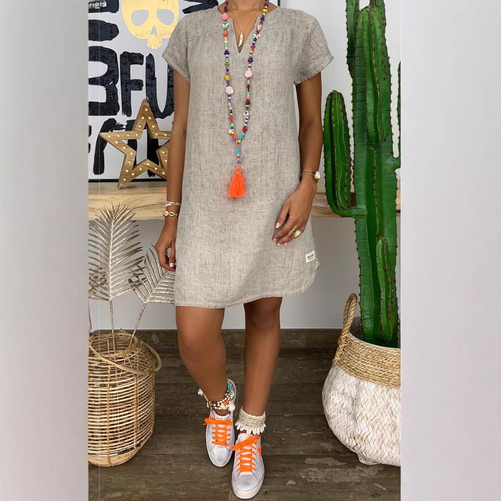 2025 Summer Solid Color V-Neck Cotton Linen Short Sleeve Dress for Women