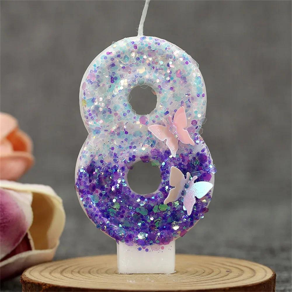 

1 шт. Фиолетовая блестящая свеча на тему бабочки, цифры от 0 до 9, топпер для торта, свадебный декор, вечеринка по случаю дня рождения ребенка, декор для девочки