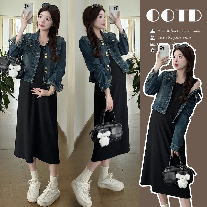 Spring 2026 Korean Maternity Two-Piece: Loose Denim Long Sleeve Jacket & Vest Dress Set M