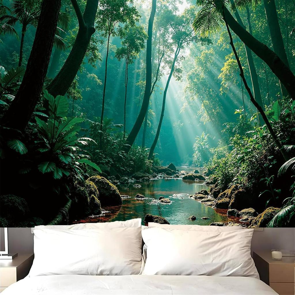 Forest Green Natural Pattern Tapestry Wall Decoration, Misty Forest Sunlight Mural Tapestry Bedroom Aesthetics