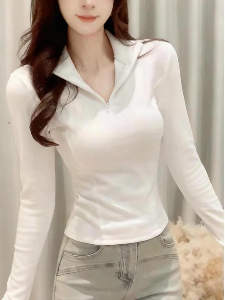 Women's Slimming Half-Zip Lapel T-Shirt - American Minimalist Style for Autumn/Winter