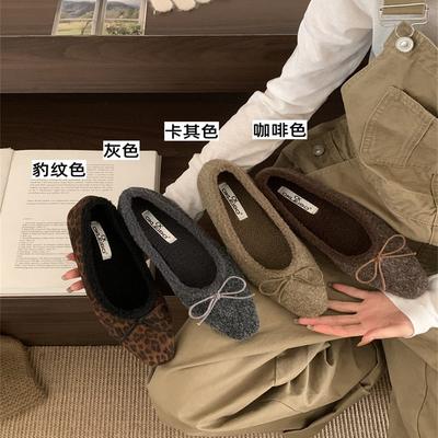 French Flat-bottomed Retro Suede Bow Single Shoes Women's Shoes 2025 Autumn and Winter New Versatile Square Head Beanie Shoes