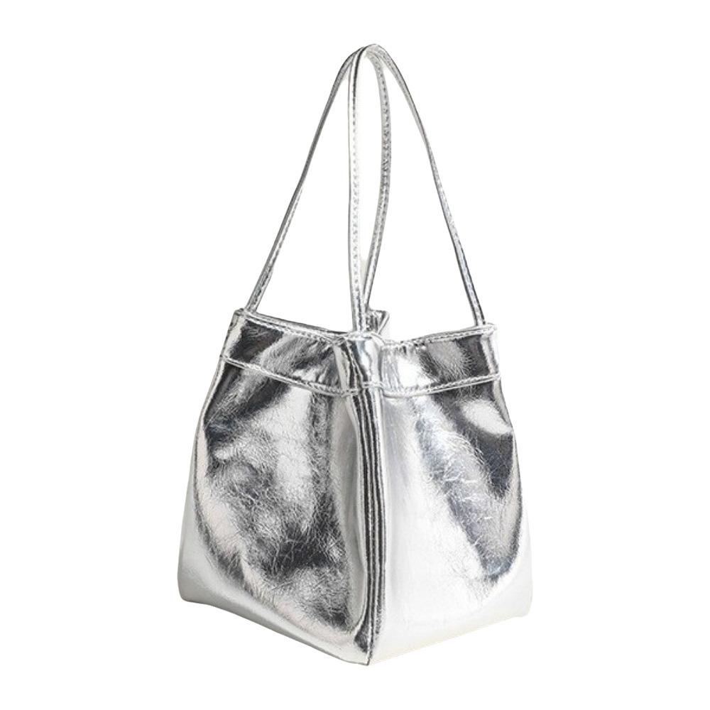 Solid Color Silver Crossbody Bag Large Capacity Shoulder Bag Sparkling PU Bucket Bag Girls/Female серебряный