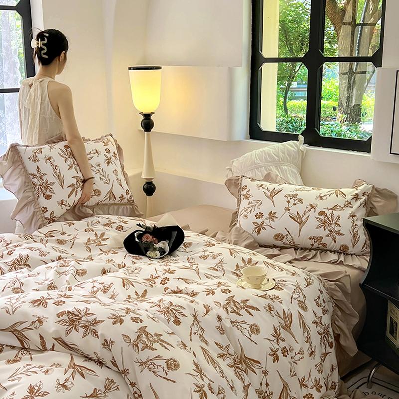 Vintage French Duvet Cover Set, Luxury Black Floral Bedding, Ruffle Design Pillowcases, Girl Woman Bedroom Decor Comforter Cover