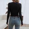 Women's Crew Neck Long Sleeve Crop Top Slim Fit Solid Ruched Side Basic T Shirt