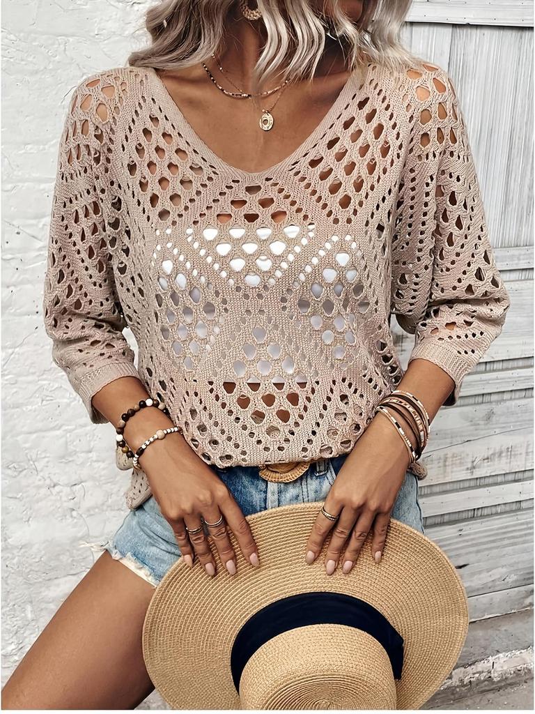2026 New Women's Hollowed-Out Solid Color Top - Trendy European & American Casual Sweater