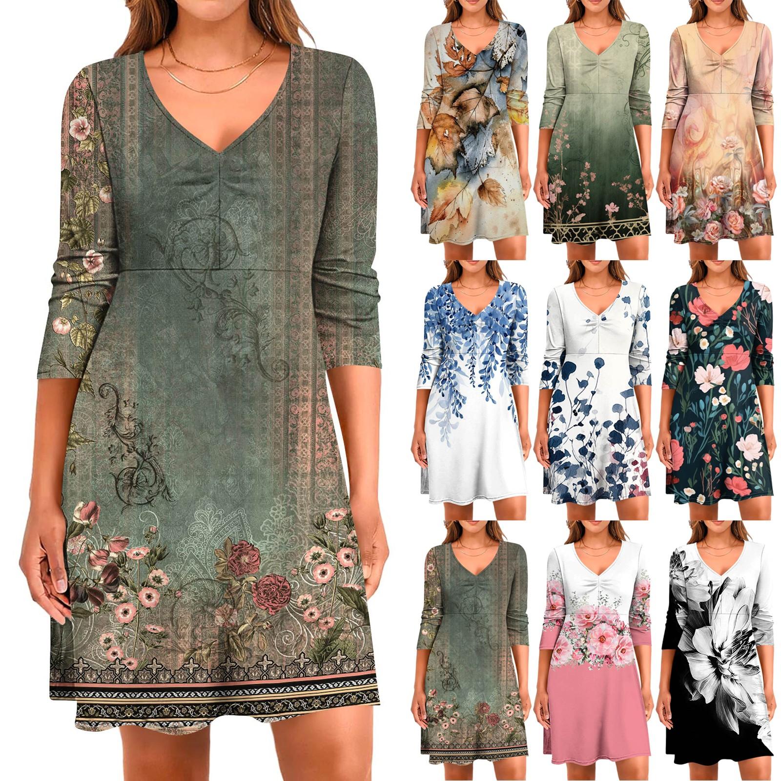 

Women s Casual Loose Comfortable Print V-Neck 3/4 Sleeve Dress M