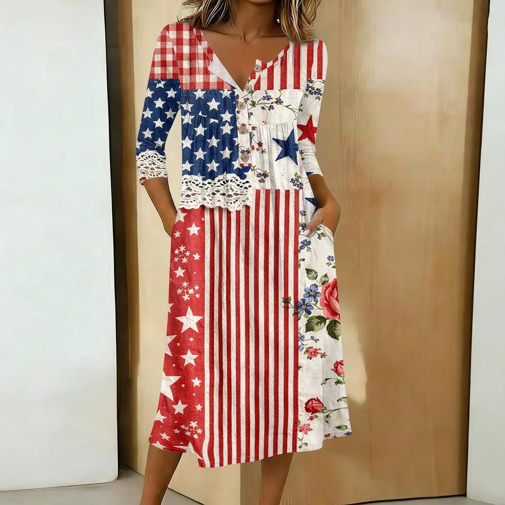 Womens V Neck Patchwork Midi Dress 3/4 Sleeve Lace 4th of July Dress Independence Day Dress Casual Loose Fit