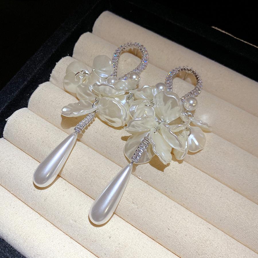 Zircon Pearl Petal Water Drop Pendant Earrings Minimalist Elegant Jewelry