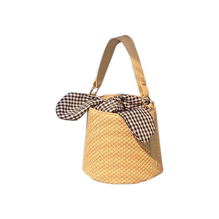 2025 Bow Plaid Straw Bucket Bag: Versatile Crossbody & Shoulder Handbag for Women