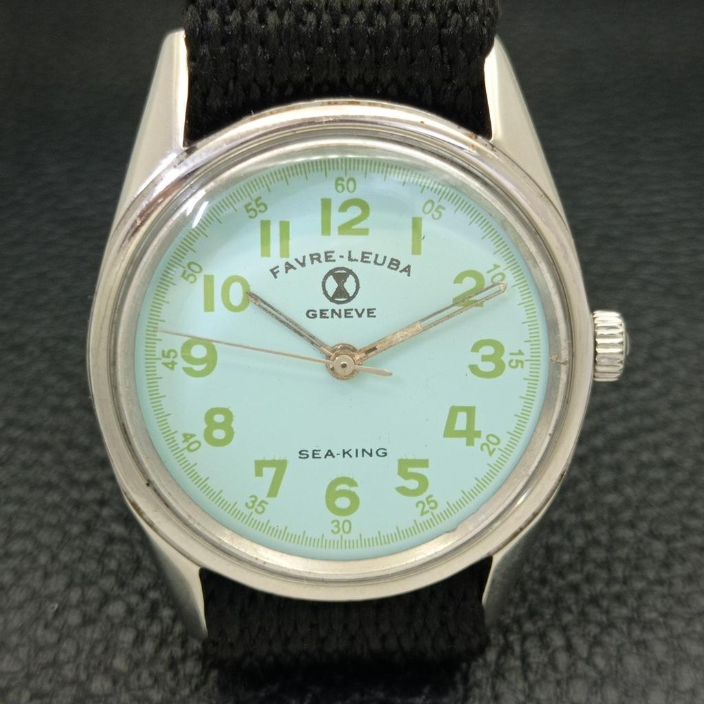 VINTAGE FAVRE LEUBA 253 HAND-WINDING SWISS MENS SEA GREEN DIAL WATCH a436414-2 R129-a436414
