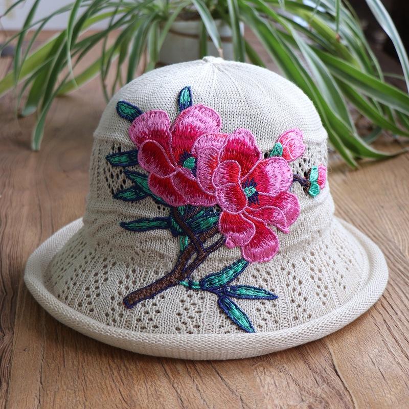 Vår og sommer etnisk vind broderi blomst sammenleggbar hatt dame strikkelue sandbøttehatt