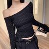 Women's Long Sleeve Top Off Shoulder Oblique Neck Pure Desire Slim Fit Polka Dot Printed Polyester T Shirt for Autumn Streetwear
