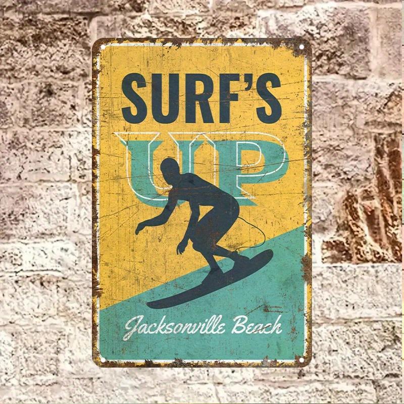 Surf'S Up Vintage Metal Tin Sign - Retro Beach Wall Art with Surfing Figure, Aluminum, Yellow & Teal Design, Perfect for Home
