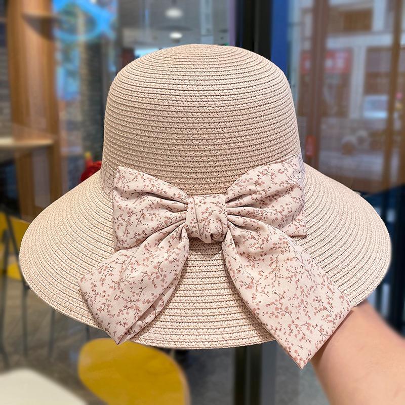 

Floral bow big eaves fisherman s hat children idyllic elegant straw hat summer sunshade sun protection versatile sun hat Adjustable рожевий