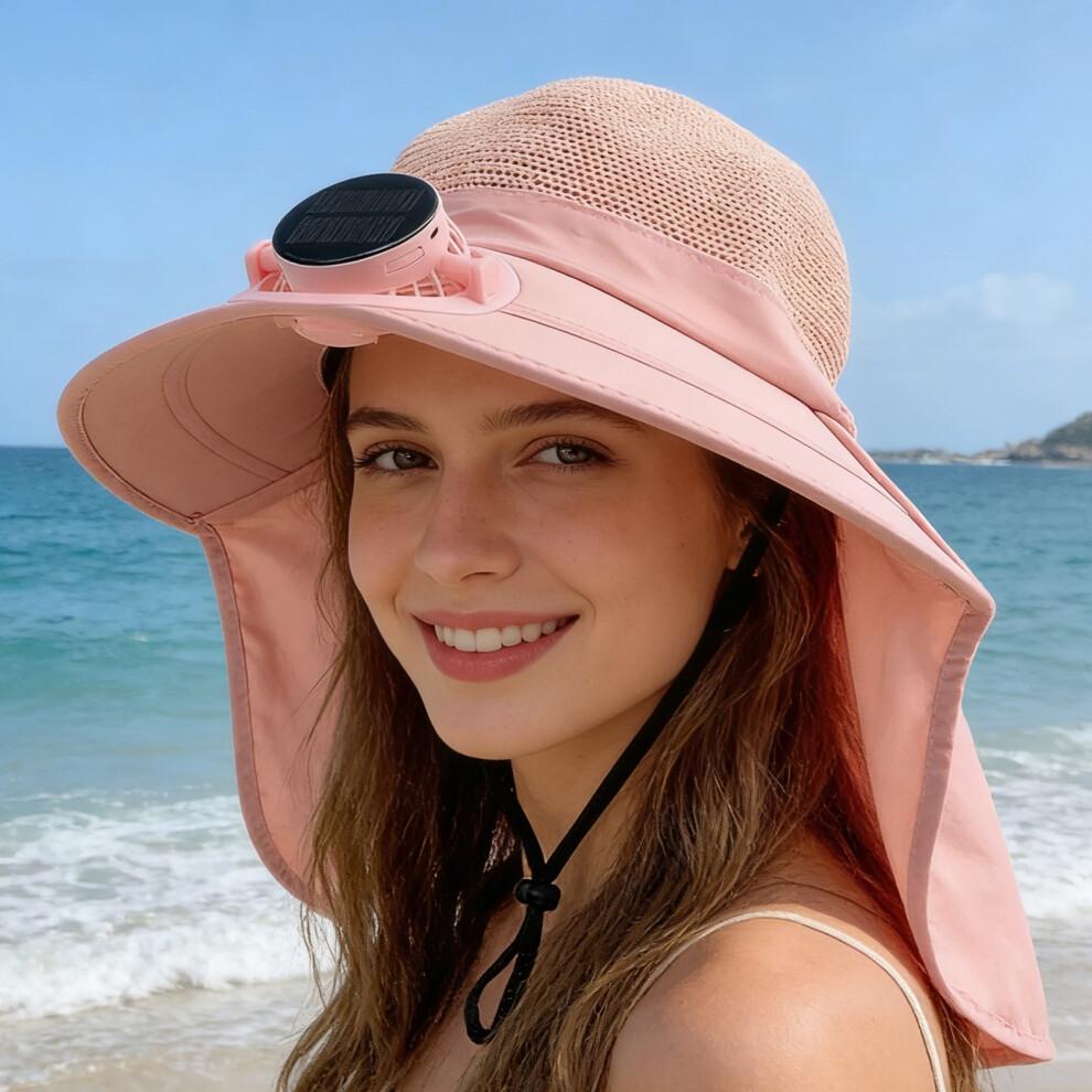(XS, Pink) Adults Wide Brim Sun Hat with Solar Fan UPF Protection Fisherman Hat for Hiking, Outdoor