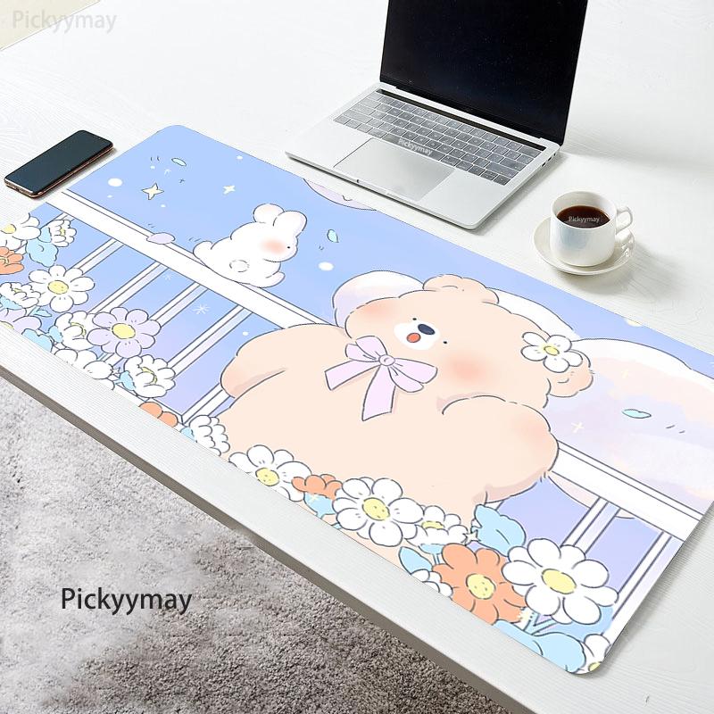 Pink Flower Mouse Pad Kawaii Rabbit Mousepad Computer Masuepad Keyboard Large Desk Mat Office PC Table Deskmat x Deskpad