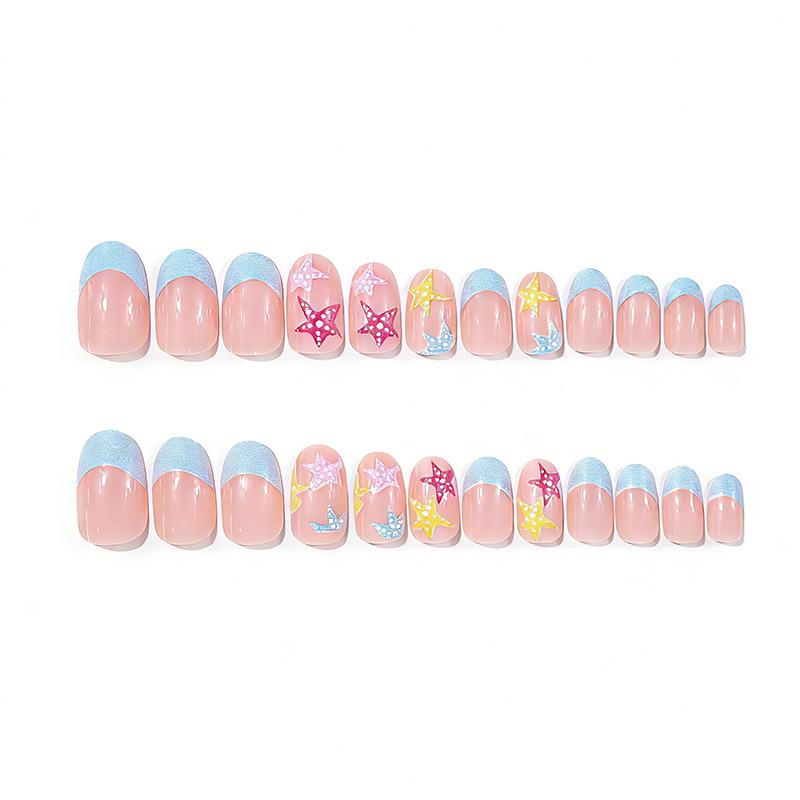 Short Glossy Oval Hot 24 Pieces Nail Art Cool and Fresh Summer Starfish Blue French Wearing Nail Art