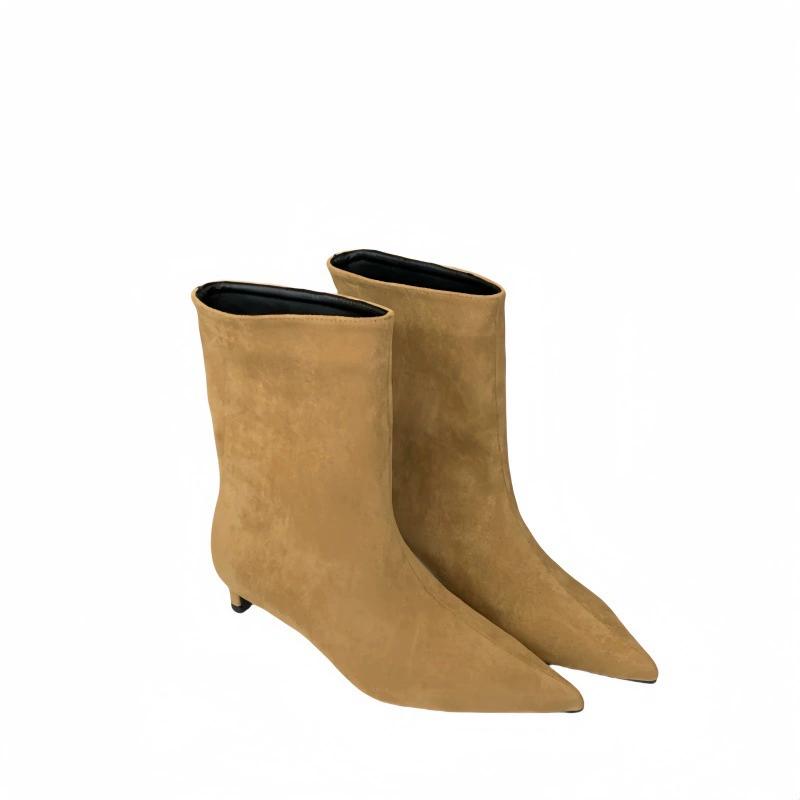 Otoño Invierno Botines de Punta para Mujer Diseñador Vintage Tacón Bajo Fino Zapatos Botines Cortos Modernos