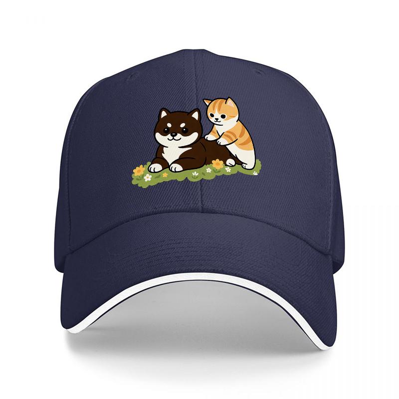 Cute Cat Duo Baseball Cap Black Adjustable Hat with Adorable Feline Design for Cat Lovers Fashionable and Comfortable Headwear