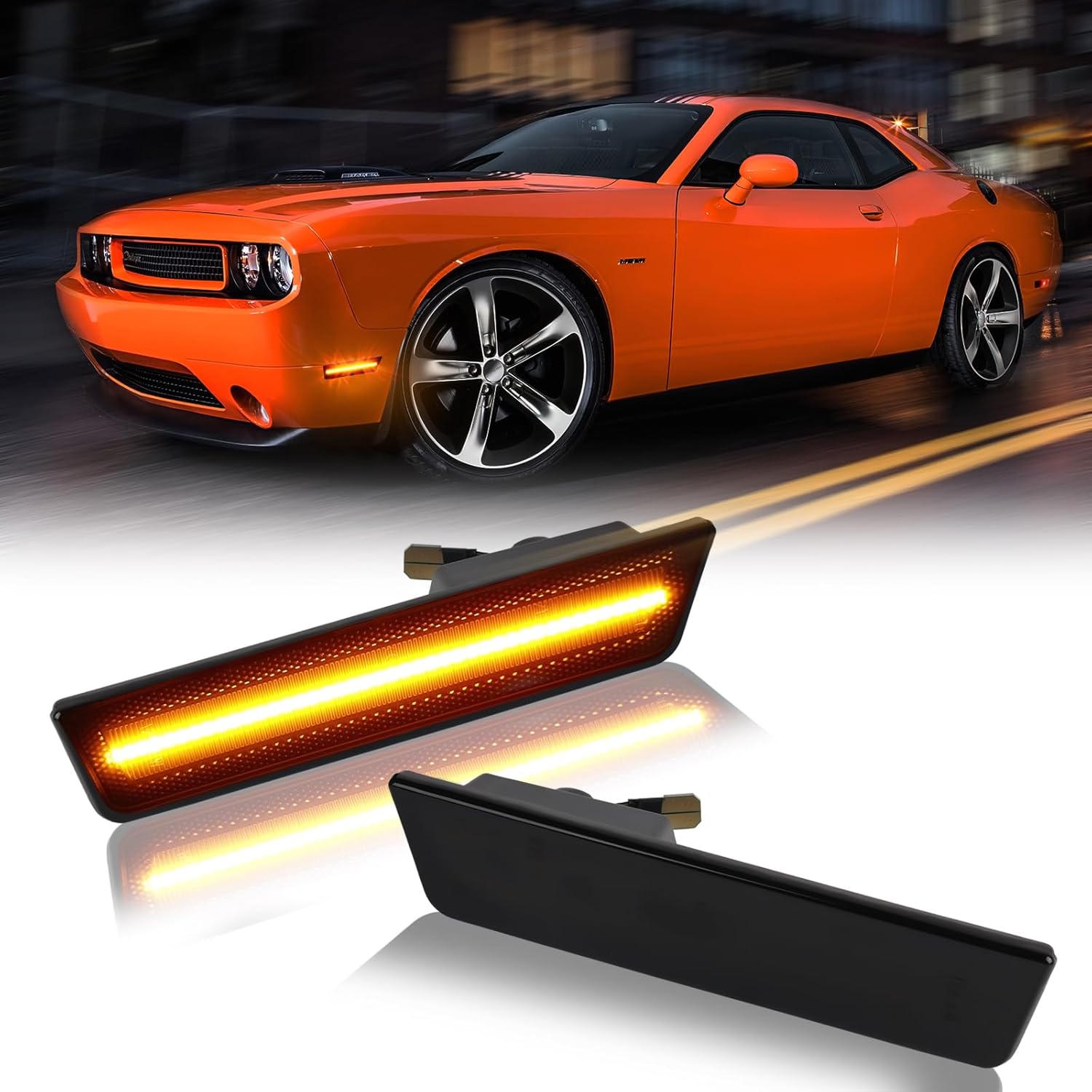 

LED White Side Marker Lights Front Rear Bumper Signal Lamp Reflectors for 2008-2014 Dodge Challenger Smoked Len, 4PCS Front Bumper, 2PCS