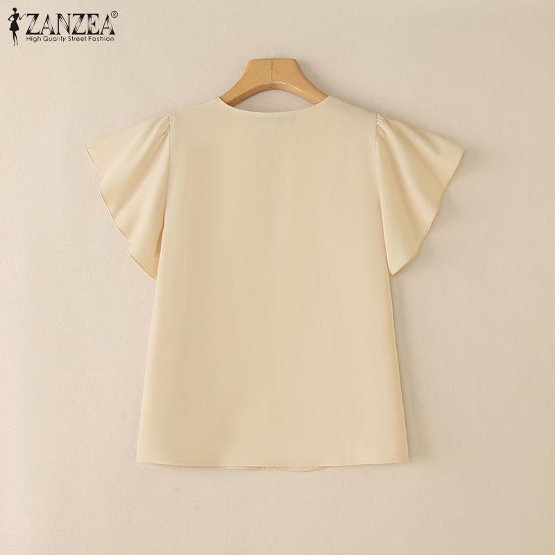 ZANZEA Kobiety Casualowy Dekolt V Falbany Rękaw Jednolity Kolor Letnia Bluzka