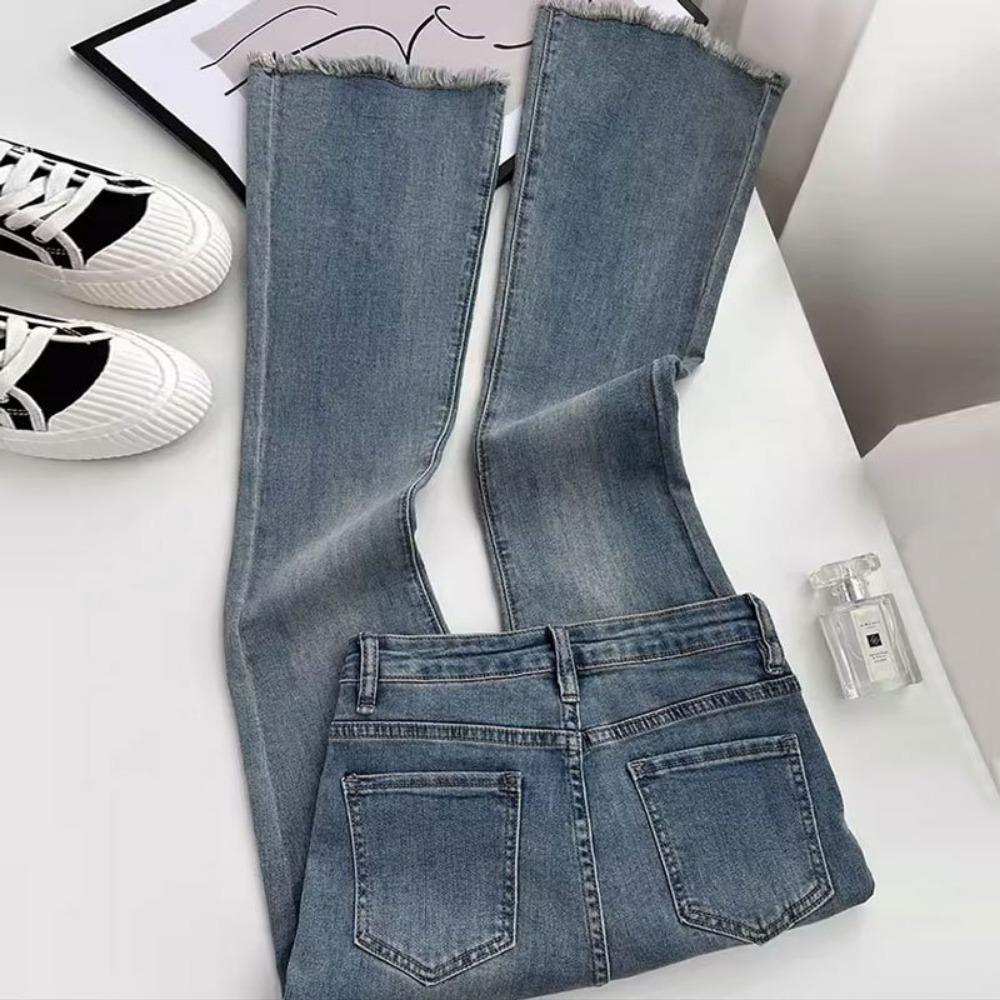 High-waisted Stretch Slim-fit Straight Horseshoe Trousers with Rough Edge and Floor Flares