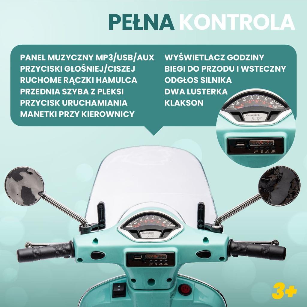 Jeździk Dla Dziecka Skuter Vespa Na Akumulator Z Kuferkiem Turkusowy Sun Baby
