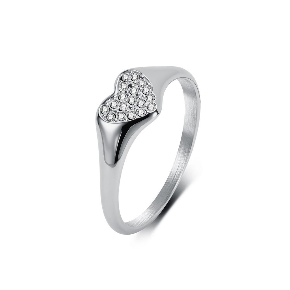 Ins European and American Fashion Commuting Niche High Sense Titanium Steel Full Diamond Heart Ring Women's Simple and Versatile Love Tail Ring