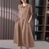 Solid Color Cotton Linen Lapel Shirt Dress - Women's Slimming Short Sleeve, Mother's Style, 2026 Fashion.
