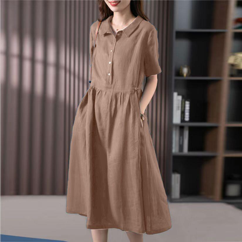 Solid Color Cotton Linen Lapel Shirt Dress - Women's Slimming Short Sleeve, Mother's Style, 2026 Fashion.