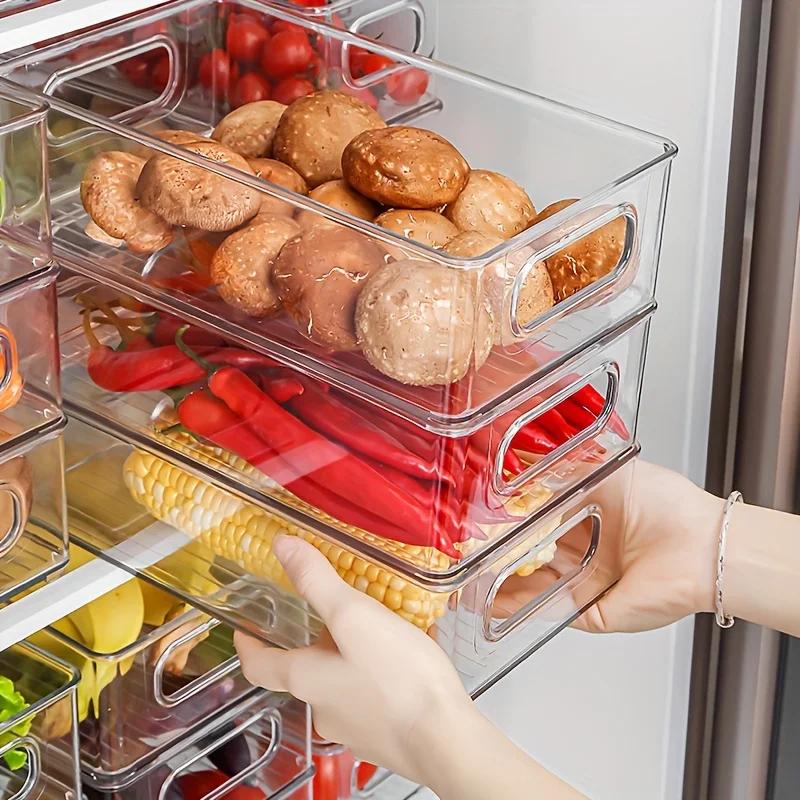 Refrigerator Organizer Bins Stackable Fridge Food Storage Box With Handle Clear Plastic Pantry Food Freezer Organizer Tool