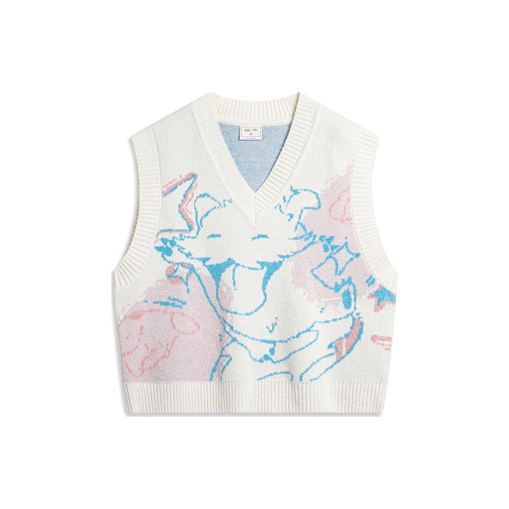 Li Ning X League Of Legends Poro Collaboration Sports Lifestyle Series V-Neck Loose Comfortable Breathable Knit Top Women Tops Off-White AMVT030-1