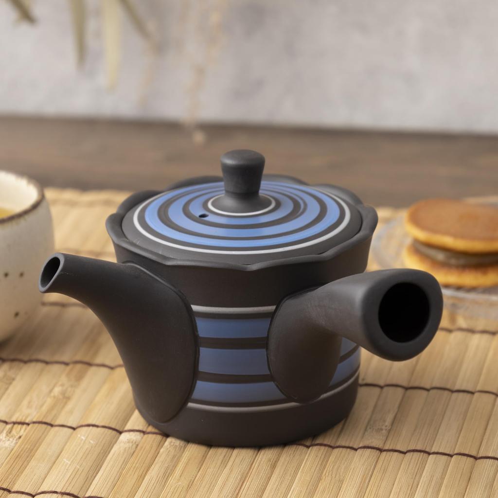 Blue with a Refreshing Mesh for Roasted Green and Brown Rice Made In Product Tk027 Tokoname-yaki Teapot, Takeharu, Spiral, 250ml, Design, Deep-steamed