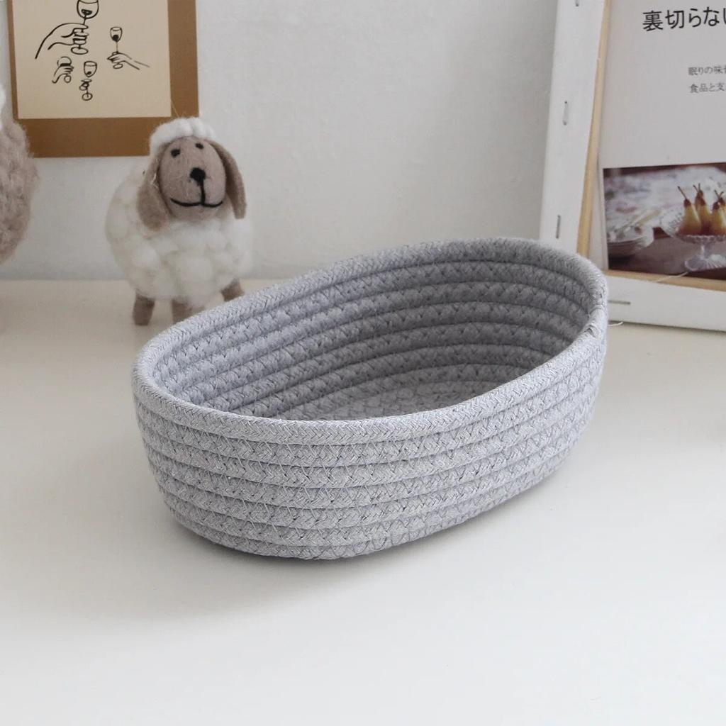 Gray Cotton Woven Desktop Miscellaneous Storage Basket For Cosmetics Snacks Hand Woven Storage Basket For Boat Shaped Clothing S