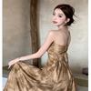 New Chinese-style neck sling v-neck dress for women, summer backless waist sexy long dress, coffee color a-word dress for women