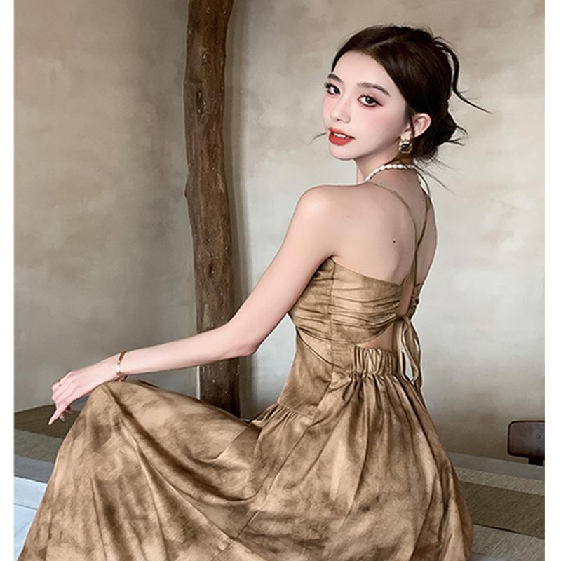 New Chinese-style neck sling v-neck dress for women, summer backless waist sexy long dress, coffee color a-word dress for women